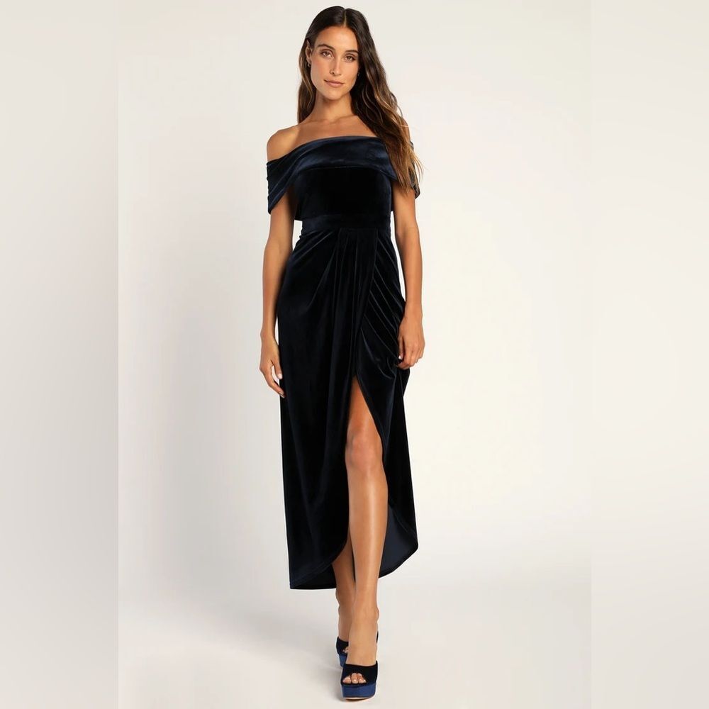 Lulus I'm Enchanted Navy Blue Velvet Off-the-Shoulder Maxi Dress